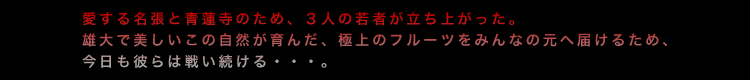 愛する名張と青蓮寺のため、3人の若者が立ち上がった。雄大で美しいこの自然が育んだ、極上のフルーツをみんなの元へ届けるため、今日も彼らは戦い続ける・・・。